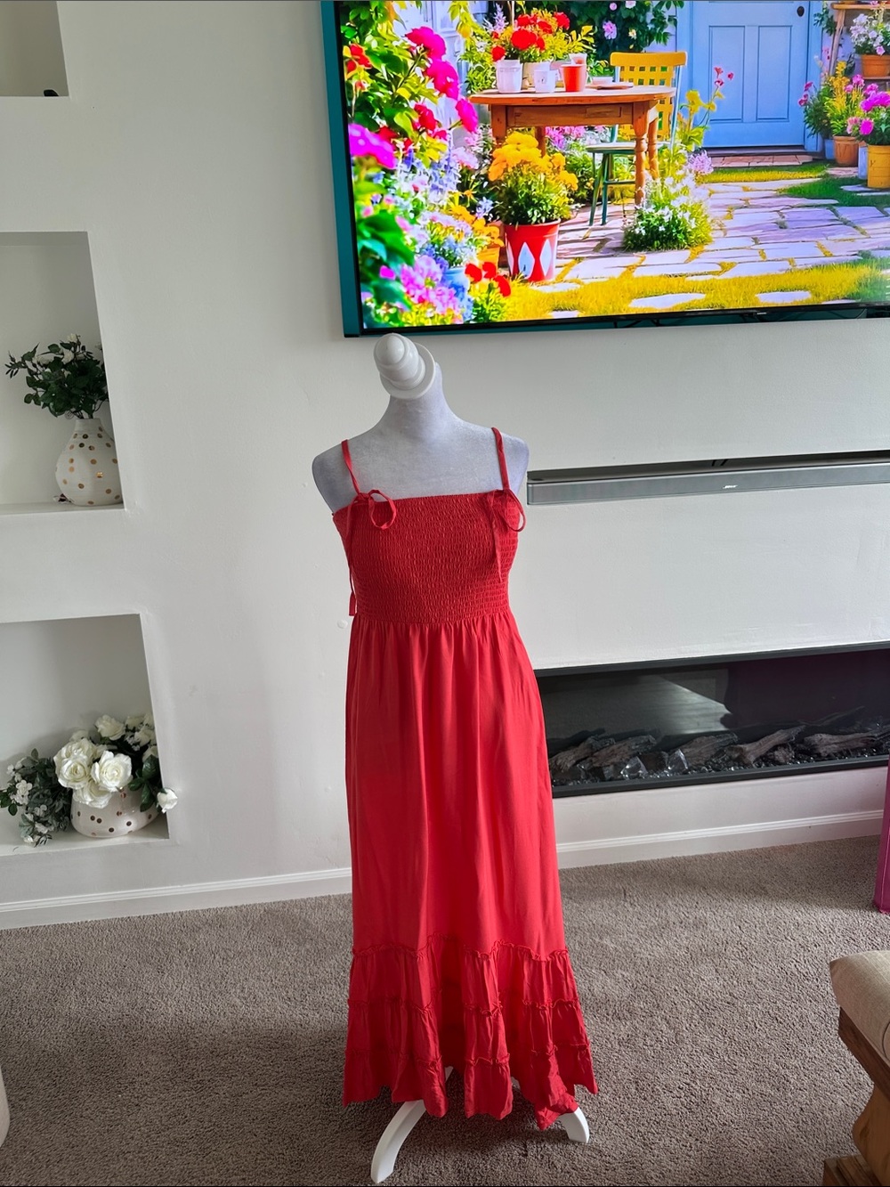 Soma Red Maxi Dress with Smocked Bodice